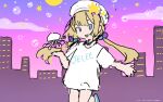  1girl absurdres beret blonde_hair blue_eyes bubble character_name commentary_request copyright_name copyright_notice floating_hair hat highres jelee-chan jellyfish long_hair low_twintails night night_sky no_humans official_art open_mouth shirt short_sleeves sketch sky solo star_(symbol) twintails umituki_yoru white_hair white_shirt yoru_no_kurage_wa_oyogenai 
