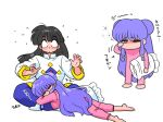  1boy 1girl arms_up barefoot black_hair blue_pants blush chibi chinese_clothes double_bun eyeshadow hair_bun hair_ornament head_on_another&#039;s_leg indian_style long_hair lying makeup mousse_(ranma_1/2) on_stomach pajamas pants pillow pink_eyeshadow purple_hair purple_pajamas ranma_1/2 rubbing_eyes shampoo_(ranma_1/2) shirt sidelocks signature sitting sleeping sleepy socks standing surprised wanta_(futoshi) white_shirt white_socks 