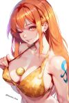  1girl arm_tattoo bikini breasts closed_mouth collarbone highres large_breasts lips looking_at_viewer nami_(one_piece) one_eye_closed one_piece orange_bikini orange_eyes orange_hair solo swimsuit tattoo twitter_username upper_body vcais 