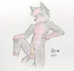  abby_wolfe abs anthro canid canine canis fox fur genitals gesture hair hand_gesture male mammal nude penis pointing smile solo tail teeth unknown_artist 