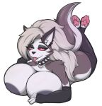 anthro big_breasts breasts canid canine canis clothing collar ear_piercing female grey_body grey_hair hair helluva_boss hi_res legwear loona_(helluva_boss) mammal piercing red_eyes solo spiked_collar spikes stockings tail tongue tongue_out wolf zak_hitsuji