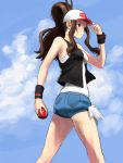  1girl antenna_hair baseball_cap black_vest blue_shorts blush brown_hair closed_mouth cloud commentary_request day green_eyes hand_on_headwear hand_up hat high_ponytail holding holding_poke_ball nishikino_kee outdoors poke_ball poke_ball_(basic) pokemon pokemon_(game) pokemon_bw short_shorts shorts sky solo sweatdrop tank_top touko_(pokemon) vest white_tank_top wristband 