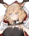  1girl animal_ears antlers aqua_eyes arknights blonde_hair blush breasts closed_mouth ekuesu hair_between_eyes hair_ornament highres hood hood_up horns large_breasts long_hair looking_at_viewer red_hood simple_background smile solo two-sided_fabric two-sided_hood upper_body viviana_(arknights) white_background white_hood 