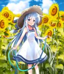  1girl bangs blue_eyes blurry blurry_background blush brown_headwear cloud commentary_request day dress eyebrows_visible_through_hair flower hat hibiki_(kantai_collection) highres hizuki_yayoi holding holding_hose hose kantai_collection long_hair open_mouth outdoors rainbow silver_hair sky solo sun_hat sunflower water white_dress yellow_flower 