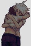  2boys ahoge belt black_belt black_pants brown_hair cowboy_shot danganronpa_(series) danganronpa_2:_goodbye_despair grey_eyes grey_hair hair_between_eyes hand_under_clothes hand_under_shirt highres hinata_hajime hug ja_ko_(osyy_mo) komaeda_nagito male_focus medium_hair multiple_boys no_jacket pants shirt short_sleeves simple_background sweat white_background yaoi 