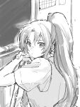  1girl breasts chalkboard greyscale hair_between_eyes higurashi_no_naku_koro_ni kayo1102 long_hair looking_at_viewer medium_breasts monochrome own_hands_together parted_bangs ponytail school shirt short_sleeves sketch solo sonozaki_mion upper_body vest white_shirt 