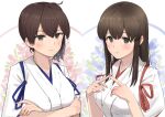  2girls akagi_(kancolle) brown_hair commentary_request crossed_arms double-parted_bangs floral_background hair_between_eyes index_fingers_together japanese_clothes kaga_(kancolle) kantai_collection kimono light_blush looking_at_viewer medium_hair multiple_girls osananajimi_neko pink_lips side_ponytail sidelocks upper_body white_kimono 