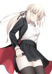  1girl absurdres artoria_pendragon_(fate) black_jacket black_skirt blonde_hair breasts fate/grand_order fate_(series) hair_ribbon highres jacket long_hair long_sleeves longdq3008 looking_at_viewer low_ponytail medium_breasts open_clothes open_jacket ribbon saber_alter sidelocks skirt solo thighhighs thighs white_background yellow_eyes 
