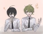  2boys :d ? ahoge amami_rantaro black_necktie breast_pocket brown_background brown_eyes collared_shirt cropped_torso cup danganronpa_(series) danganronpa_v3:_killing_harmony ear_piercing fu_ga_(vivi912912) green_eyes green_hair hair_between_eyes highres holding holding_cup long_sleeves male_focus multiple_boys necktie notice_lines piercing pocket saihara_shuichi shirt short_hair smile teeth upper_teeth_only 