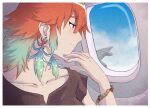  1girl aircraft airplane airplane_interior airplane_wing alternate_costume blue_sky border bracelet breasts brown_shirt casual closed_mouth cloud collarbone crmanzana day death-sensei_(mori_calliope) earrings feathers gradient_hair green_hair hand_up highres hololive hololive_english jewelry looking_outside medium_hair multicolored_hair orange_hair pink_nails profile purple_eyes shirt skull_earrings sky solo stud_earrings takanashi_kiara upper_body virtual_youtuber white_border window 