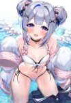  1girl amane_kanata angel_wings armpit_crease ass_visible_through_thighs black_bow black_choker blue_hair blush bow bow_bra bra breasts choker collarbone commentary_request dot_nose double_bun facing_viewer frilled_bra frills grey_hair hair_bow hair_bun hair_flaps hair_ornament hairclip hat head_tilt highres hololive ibuki_sho kneeling long_sleeves looking_at_viewer looking_up mini_hat mini_witch_hat multicolored_hair navel off_shoulder on_water open_mouth panties pink_bow pink_hair puffy_long_sleeves puffy_sleeves purple_eyes sleeves_past_fingers sleeves_past_wrists small_breasts solo star_(symbol) star_choker streaked_hair thighs underwear unworn_clothes wet wet_clothes white_background white_bra white_panties wings witch_hat x_hair_ornament 