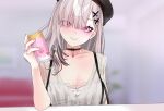  1girl beret blush breasts can choker cleavage eyeliner hair_over_one_eye hat head_tilt highres holding holding_can jelly_fish long_hair looking_at_viewer makeup nail_polish nijisanji pink_nails purple_eyes see-through sleeveless smile solo sukoya_kana virtual_youtuber white_hair 