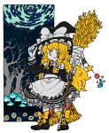  1girl apron bare_tree black_jacket black_skirt blonde_hair bow daisy flower gloves hair_bow jacket kirisame_marisa long_hair long_skirt skirt solo sparkle star_(symbol) touhou transparent_background tree very_long_hair white_apron white_bow white_gloves yellow_eyes 