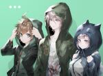  ... 1girl 2boys ahoge animal_bag backpack bag black_jacket blazer blue_eyes blue_jacket blue_sleeves breasts brooch brown_hair buttons closed_mouth collarbone collared_jacket danganronpa:_trigger_happy_havoc danganronpa_(series) danganronpa_2:_goodbye_despair eyelashes green_background green_hood green_jacket green_shirt green_sleeves hair_between_eyes hands_on_headwear hood hood_up hooded_jacket hooded_shirt jacket jewelry komaeda_nagito large_breasts light_particles looking_ahead looking_at_viewer multiple_boys naegi_makoto nanami_chiaki open_clothes open_jacket parted_lips pink_eyes pink_hair shirt short_hair simple_background sleeves_past_wrists smile u_u_ki_u_u upper_body white_bag white_hair white_shirt zipper zipper_pull_tab 