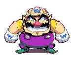  1boy cleft_chin dreaminerryday facial_hair gloves green_footwear grin helmet looking_at_viewer mustache overalls pith_helmet pointy_ears purple_overalls saliva shirt simple_background smile wario wario_land white_background white_gloves yellow_shirt 
