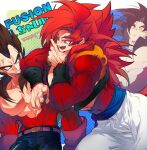  black_hair blue_eyes blue_sash closed_mouth dougi dragon_ball dragon_ball_gt gloves gogeta long_hair male_focus metamoran_vest monkey_boy monkey_tail multiple_boys muscular muscular_male ommmyoh open_mouth pants red_fur saiyan sash smile son_goku spiked_hair super_saiyan super_saiyan_4 tail twitter_username vegeta 