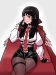  black_hair blush choker cloak coat cosplay crossed_legs feather-trimmed_coat fingerless_gloves fire_emblem fire_emblem_heroes gloves highres hololive hraesvelgr_(fire_emblem) long_hair looking_at_viewer mnejing30 necktie pantyhose red_eyes red_necktie simple_background sitting smile takane_lui takane_lui_(cosplay) thigh_strap v-shaped_eyebrows white_background 