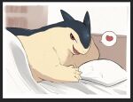 5_fingers anthro beckoning bed bed_sheet bedding bedroom_eyes biped black_body black_fur bookshelf digital_media_(artwork) dorobo_39 fingers fur furniture generation_2_pokemon gesture head_on_hand heart_symbol hi_res lying lying_on_bed narrowed_eyes nintendo on_bed open_mouth paws pillow pokemon pokemon_(species) red_eyes seducing_viewer seductive semi-anthro solo tan_body tan_fur teeth typhlosion white_bed_sheet white_bedding white_pillow