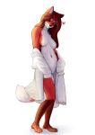  2020 absurd_res anthro breasts canid canine clothing color_fox female fox full-length_portrait fur hair hi_res looking_at_viewer mammal navel orange_body orange_fur orange_tail portrait shadow simple_background solo standing white_background white_body white_clothing white_fur white_tail 