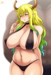  5_fingers absurd_res big_breasts blush breasts clothed clothing duo eyes_closed female fingers hair hi_res horn horned_humanoid huge_breasts humanoid jmg long_hair miss_kobayashi&#039;s_dragon_maid multicolored_hair navel nipple_outline quetzalcoatl_(dragon_maid) underwear 