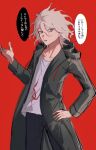  1boy :d absurdres amam0_0iii collarbone danganronpa_(series) danganronpa_2:_goodbye_despair green_jacket grey_hair grey_shirt hand_on_own_hip highres hood hood_down hooded_jacket jacket komaeda_nagito medium_hair messy_hair open_clothes open_jacket print_shirt red_background shirt simple_background smile solo speech_bubble standing teeth translation_request 