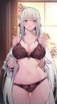  1girl absurdres bare_shoulders black_bow blue_eyes blush bow bra braid breasts cleavage fate/grand_order fate_(series) french_braid grey_hair hair_bow highres large_breasts long_hair looking_at_viewer morgan_le_fay_(fate) open_mouth panties ponytail sidelocks solo thighs underwear ura_illust very_long_hair 