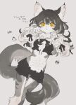  1girl animal_ear_fluff animal_ears animal_nose bandeau black_bandeau black_bow black_bowtie black_hair black_shorts body_fur bow bowtie cat_ears cat_girl cat_tail detached_sleeves expressionless feet_out_of_frame frilled_shorts frills furry furry_female gomafuto grey_background grey_fur hands_up highres lace-trimmed_bandeau lace-trimmed_sleeves lace_trim long_hair long_sleeves looking_at_viewer original parted_lips puffy_long_sleeves puffy_sleeves shorts simple_background slit_pupils solo tail thigh_gap whiskers white_fur white_sleeves yellow_eyes 