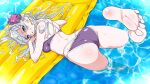  1girl absurdres ass back barefoot bikini blue_eyes breasts character_request commission copyright_request feet flower grey_hair hair_flower hair_ornament hashiguchi_takashi highres inflatable_raft long_hair looking_at_viewer looking_back purple_bikini skeb_commission small_breasts soles solo swimming swimsuit toes water 