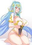  1girl amulet aqua_hair bare_legs barefoot blue_hair blunt_bangs breasts covered_navel embarrassed epic_seven furrowed_brow gold gold_trim gradient_hair groin highres large_breasts legs_together light_blush long_hair looking_ahead multicolored_hair on_bed parted_lips red_eyes rein_(rafael_3682) revealing_clothes roana_(epic_seven) seiza short_sleeves sidelocks sitting skindentation solo tiara twintails very_long_hair wide_hips 