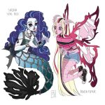  2girls arthropod_girl bonita_femur_(monster_high) colored_skin huniibxxs insect_wings long_hair looking_at_another mermaid monster_girl monster_high moth_girl moth_wings multiple_girls pink_skin purple_hair shorts sirena_von_boo very_long_hair wings 