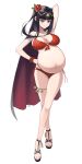  1girl absurdres arm_up bikini black_hair blunt_bangs breasts brown_eyes cape chrislurk circlet fire_emblem fire_emblem_awakening fire_emblem_heroes flower flower_bracelet full_body hair_flower hair_ornament highres long_hair navel o-ring o-ring_bikini pregnant red_bikini side-tie_bikini_bottom sidelocks solo swimsuit tharja_(fire_emblem) tharja_(summer)_(fire_emblem) toenails transparent_background two_side_up 