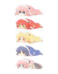  5girls ahoge blonde_hair blue_eyes blue_hair blush bocchi_the_rock! cube_hair_ornament dog fish_costume gotoh_futari gotoh_hitori green_eyes hair_ornament highres ijichi_nijika kessoku_band kita_ikuyo long_hair mole mole_under_eye multiple_girls pink_hair rebecca_(keinelove) red_hair yamada_ryo yellow_eyes 