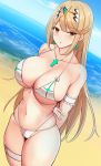  1girl arm_garter arms_behind_back bangs bare_shoulders beach bikini blonde_hair blue_sky blush breasts chest_jewel cleavage collarbone earrings highres hikari_(xenoblade_2) jewelry large_breasts long_hair looking_at_viewer navel noeomi open_mouth shore sky swept_bangs swimsuit thigh_strap thighs tiara white_bikini xenoblade_(series) xenoblade_2 yellow_eyes 
