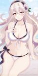  1girl bare_arms bare_shoulders bikini black_hairband blue_sky breasts cleavage commentary corrin_(female)_(fire_emblem) corrin_(fire_emblem) day fire_emblem fire_emblem_fates fire_emblem_heroes flower grey_hair hair_flower hair_ornament hairband highres large_breasts n_54 navel official_alternate_costume outdoors pointy_ears sitting sky solo stomach swimsuit thighs white_bikini 