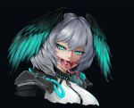  1girl absurdres arknights black_background black_feathers black_wings blue_eyes blue_feathers blue_wings commentary_request crossed_bangs fangs feathered_wings feathers forked_tongue grey_hair hair_between_eyes head_wings highres ho&#039;olheyak_(arknights) infection_monitor_(arknights) looking_at_viewer open_mouth saliva simple_background slit_pupils solo tongue two-tone_wings wings xiniu_r&amp;f_(lande_hua_hua) 