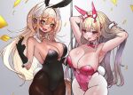  2girls :d absurdres animal_ears armpits bare_shoulders black_gloves black_leotard blonde_hair blush bow bowtie breasts brown_pantyhose chinese_commentary cleavage coin commentary_request covered_navel dark-skinned_female dark_skin detached_collar earrings fake_animal_ears fake_tail fang gloves goddess_of_victory:_nikke green_eyes hair_ornament heart heart-shaped_pupils highleg highleg_leotard highres holding horns jewelry kilowinwin large_breasts leotard long_hair looking_at_viewer mole mole_under_eye multiple_girls official_alternate_costume open_mouth pantyhose pink_bow pink_bowtie pink_horns pink_leotard playboy_bunny pole ponytail rabbit_ears rabbit_tail red_eyes rupee_(nikke) rupee_(rabbit_deluxe)_(nikke) smile sparkling_eyes strapless strapless_leotard symbol-shaped_pupils tail tongue tongue_out viper_(nikke) viper_(toxic_rabbit)_(nikke) white_pantyhose wrist_cuffs yellow_bow yellow_bowtie 