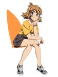  1girl bracelet brown_hair full_body grey_footwear hair_ornament hairclip head_rest highres jewelry keeemu_(gouf2016) looking_at_viewer medium_hair orange_eyes senki_zesshou_symphogear shirt shoes short_sleeves sitting smile sneakers solo tachibana_hibiki_(symphogear) yellow_shirt 