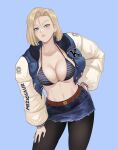  1girl android_18 black_pantyhose blonde_hair blue_background blue_eyes breasts collarbone commentary cowboy_shot denim denim_skirt dragon_ball dragon_ball_z earrings hoop_earrings jacket jewelry large_breasts looking_at_viewer meziosaur miniskirt navel open_clothes open_jacket pantyhose short_hair simple_background skirt solo standing stomach thighs 