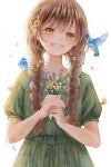  1girl :d animal_on_shoulder artist_name bird bird_on_shoulder blue_bird blue_flower blunt_bangs bouquet braid brown_hair daisy dress eyelashes fingernails flat_chest floral_print flower ginniroya green_dress green_eyes hair_behind_ear hair_flower hair_ornament hair_over_shoulder half-closed_eyes happy highres holding holding_bouquet hummingbird leaf light_blush looking_at_animal open_mouth petals pink_flower plant puffy_short_sleeves puffy_sleeves short_sleeves sideways_glance simple_background smile solo twintails vines white_background white_flower yellow_flower 