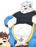  2023 96panda absurd_res anthro balls belly big_belly black_nose blush canid canine canis chastity_cage chastity_device clothing dog_operator domestic_dog duo genitals hi_res kemono lifewonders live_a_hero male male/male mammal meme navel overweight protagonist_(live_a_hero) simple_background snoot_challenge undressing white_background white_body yohack 