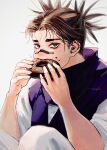  1boy 28cg absurdres blurry brown_eyes brown_hair choso_(jujutsu_kaisen) depth_of_field double_bun doughnut eating facial_tattoo feet_out_of_frame food hair_bun highres jujutsu_kaisen looking_at_viewer male_focus pants purple_scarf robe scarf sitting solo sweets tattoo white_background white_pants white_robe 