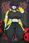 akira_(film) anthro big_breasts black_hair bottomwear bovid breasts caprine clothing facial_piercing female goat hair hi_res horn jacket japanese_text mammal navel nose_piercing nose_ring pants piercing purple_eyes ring_piercing shirt solo text topwear weapon white_body zak_hitsuji