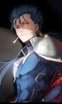  1boy armor blue_bodysuit blue_hair bodysuit closed_mouth cu_chulainn_(fate) cu_chulainn_(fate/stay_night) earrings fate_(series) hair_slicked_back holding holding_polearm holding_weapon jewelry long_hair male_focus mizutame_tori pauldrons pectorals polearm red_eyes shadow shoulder_armor single_hair_tube solo upper_body weapon weapon_behind_back 