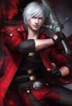  1boy artist_name bishounen black_gloves blue_eyes coat copyright_name dante_(devil_may_cry) devil_may_cry_(series) devil_may_cry_4 facial_hair fingerless_gloves gloves highres holding lips looking_at_viewer male_focus mature_male muscular muscular_male nose photorealistic realistic rebellion_(sword) red_coat smile solo sword weapon white_hair zetsuai89 