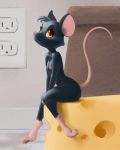  4:5 ajin anthro bangs big_ears big_eyes breasts cheese collarbone dairy_products digitigrade female food hi_res looking_at_viewer mammal micro mouse murid murine nipples power_socket rodent short_fur small_breasts solo whiskers 