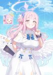  &gt;_&lt; +++ 1girl angel_wings blue_archive blush breasts capelet crescent crescent_pin dress feathered_wings grin hair_bun halo highres large_breasts long_hair looking_at_viewer mika_(blue_archive) multiple_views open_mouth pink_hair pink_halo single_side_bun smile suga_masashi white_capelet white_dress white_wings wings yellow_eyes 