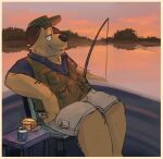  2024 anthro beverage black_clothing black_eyes black_nose black_shirt black_topwear bluey_(series) boat bottomwear brown_body brown_ears brown_fur calm can canid canine canis clothed clothing container digital_media_(artwork) domestic_dog fishing fishing_rod fur green_clothing green_hat green_headwear green_topwear green_vest grey_bottomwear grey_clothing grey_shorts half-closed_eyes hat headgear headwear hi_res lake male mammal mastiff molosser narrowed_eyes outside pie_(food) plate shaibey shirt shorts sitting smile solo sparky_(bluey) sunset topwear vehicle vest water watercraft 