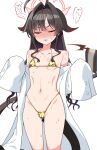  1girl :3 ahoge ass_visible_through_thighs bikini black_hair black_horns black_tail blue_archive blush breasts closed_eyes coat coat_partially_removed collarbone demon_horns demon_tail embarrassed gold_bikini golden_week hair_intakes halo highleg highleg_bikini highres horns kasumi_(blue_archive) lab_coat long_hair micro_bikini navel red_halo shiny_swimsuit skindentation sleeves_past_fingers sleeves_past_wrists small_breasts solo stomach string_bikini sweat swimsuit tail taketora_suzume white_coat 