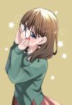  1girl bespectacled blue_eyes blush brown_hair earrings glasses hair_ornament hairclip heart heart_earrings highres idolmaster idolmaster_cinderella_girls jewelry looking_at_viewer medium_hair open_mouth round_eyewear sakuma_mayu skirt solo star_(symbol) sweater tottoto_tomekichi upper_body 