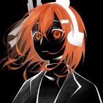  1girl a.i._voice absurdres adachi_rei black_background commentary_request expressionless floating_hair hair_ornament hair_ribbon hairclip halftone_texture headlamp headphones highres jacket looking_ahead moonmart one_side_up open_clothes open_jacket orange_eyes orange_hair parted_lips partially_colored radio_antenna ribbon shirt simple_background solo turtleneck turtleneck_shirt upper_body utau utau_bot_(utau) 